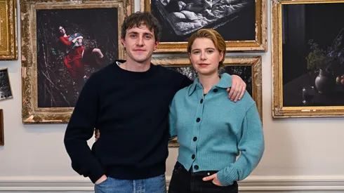 Paul Mescal and Jessie Buckley attend the photocall for the "Hamnet" Photography Exhibition at Tristan Hoare Gallery on December 16, 2025 in London, England.