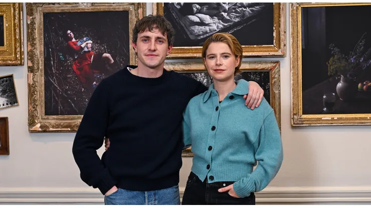 Paul Mescal and Jessie Buckley attend the photocall for the "Hamnet" Photography Exhibition at Tristan Hoare Gallery on December 16, 2025 in London, England.