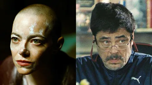 Emma Stone in Bugonia and Benicio del Toro in One Battle After Another.