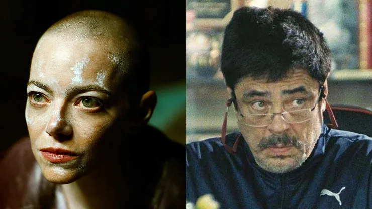 Emma Stone in Bugonia and Benicio del Toro in One Battle After Another.