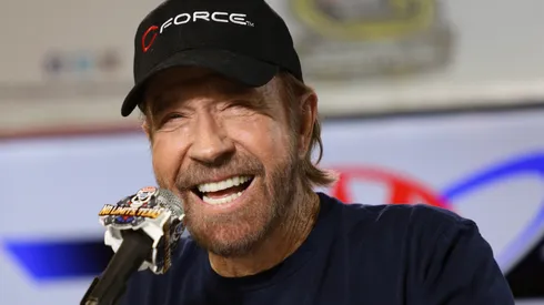 Chuck Norris speaks with the media during a press conference prior to the NASCAR Sprint Cup Series AAA Texas 500 in 2016.