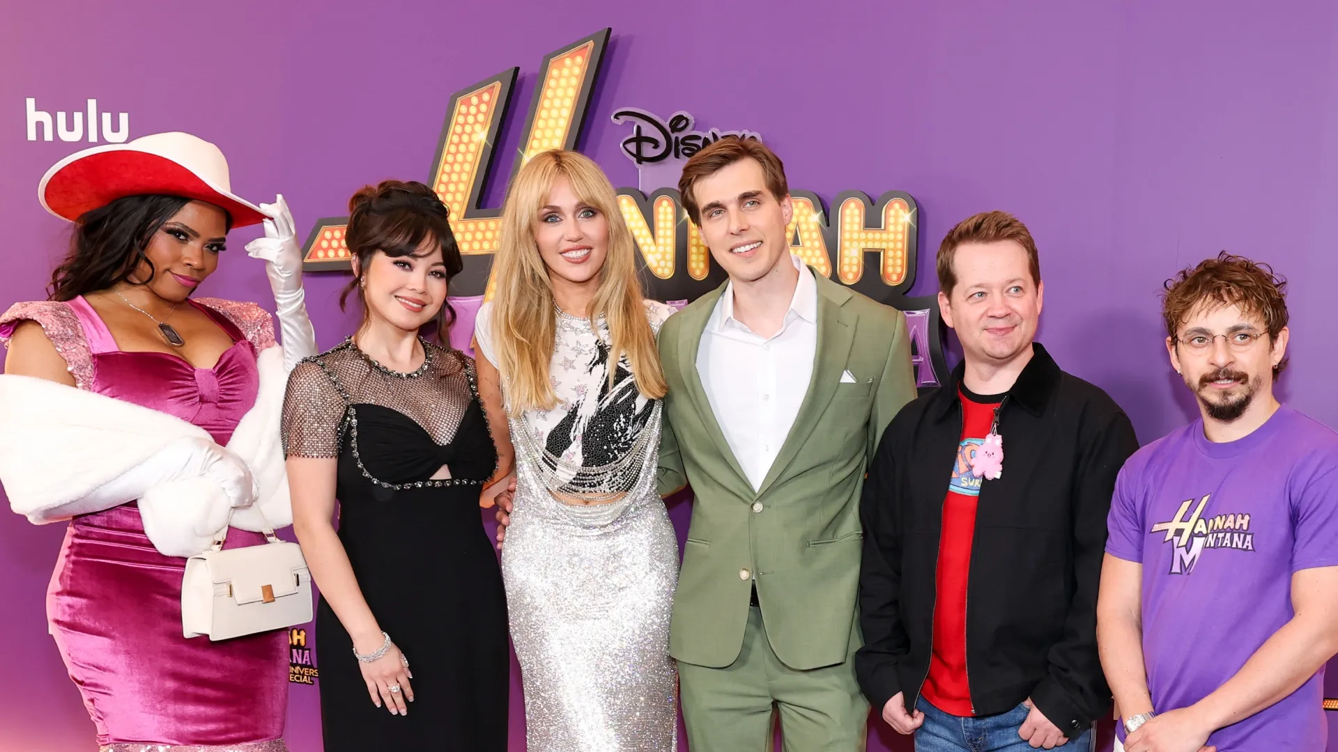 (L-R) Shanica Knowles, Anna Maria Perez de Tagle, Miley Cyrus, Cody Linley, Jason Earles and Moisés Arias attend the World Premiere of Disney+’s “Hannah Montana 20th Anniversary Special” at El Capitan Theatre on March 23, 2026 in Los Angeles, California. (Photo by Amy Sussman/Getty Images)