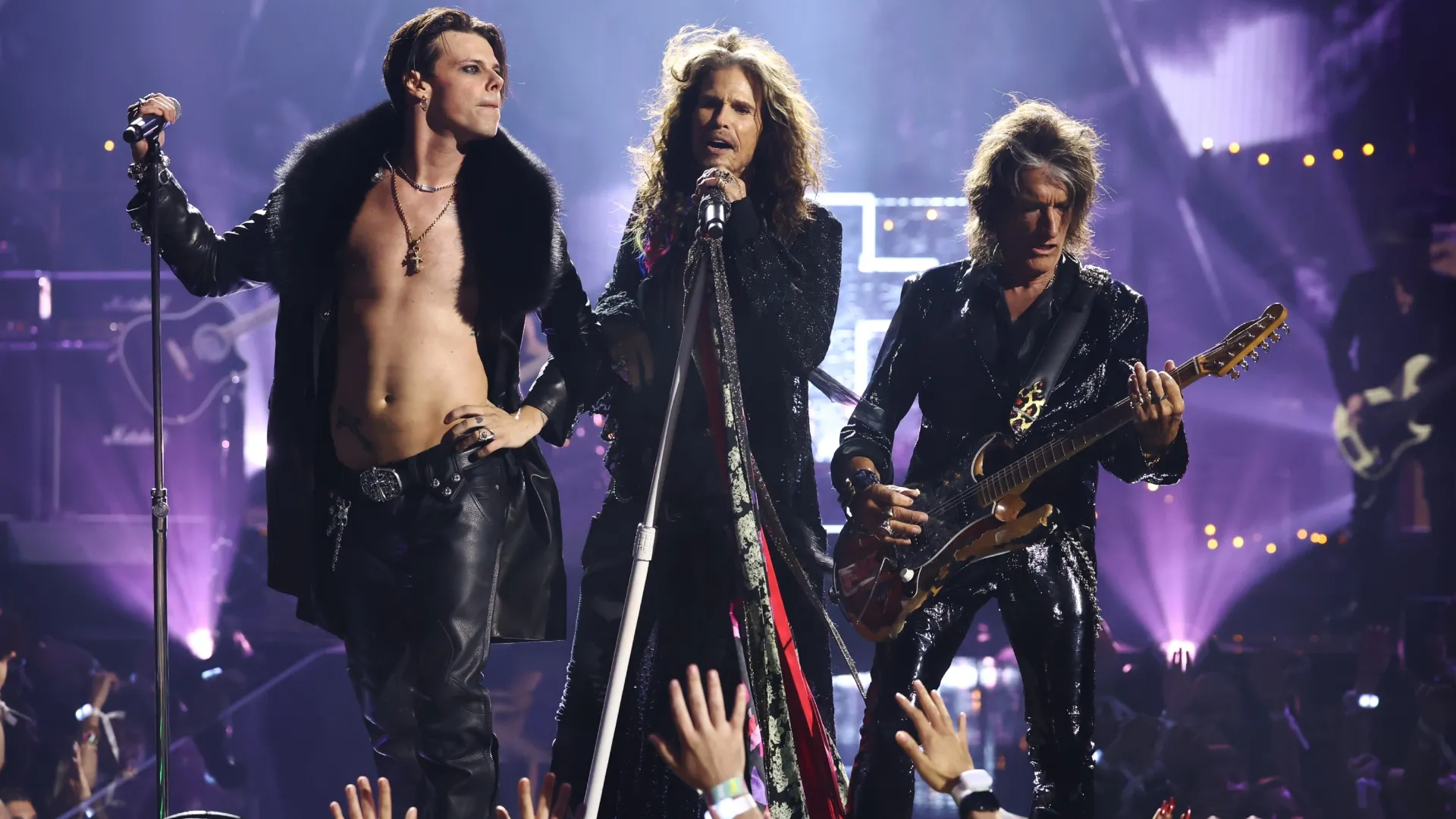 Yungblud, Steven Tyler and Joe Perry perform during a tribute to Ozzy Osbourne at the 2025 MTV Video Music Awards (Source: Arturo Holmes/Getty Images for MTV)
