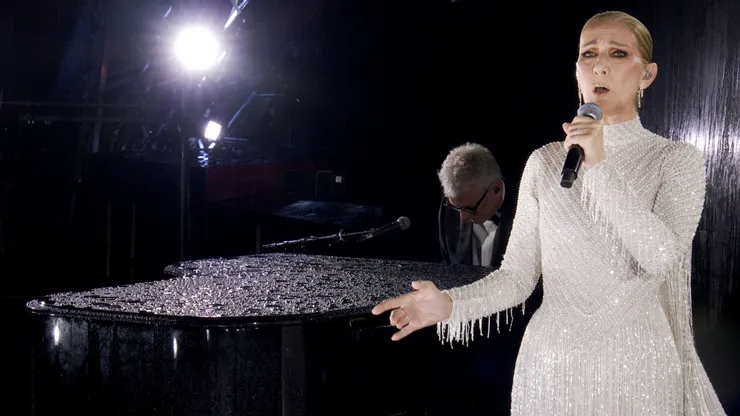 Celine Dion performing on the Eiffel Tower during the opening ceremony of the Paris 2024 Olympic Games