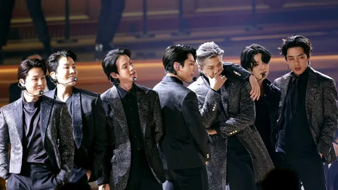 BTS perform onstage during the 64th Annual GRAMMY Awards at MGM Grand Garden Arena.