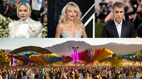 Madonna (Photo by Dia Dipasupil/Getty Images) // Sabrina Carpenter (Photo by Dimitrios Kambouris/Getty Images) // Justin Bieber (Photo by Dimitrios Kambouris/Getty Images for The Met Museum/Vogue) // Coachella 2026 (Photo by Matt Winkelmeyer/Getty Images for Coachella)