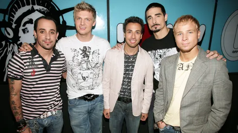(L-R) A.J. McLean, Nick Carter, Howie Dorough, Kevin Richardson and Brian Littell of The Backstreet Boys make an appearance on MTV's Total Request Live on June 14, 2005 in New York City.