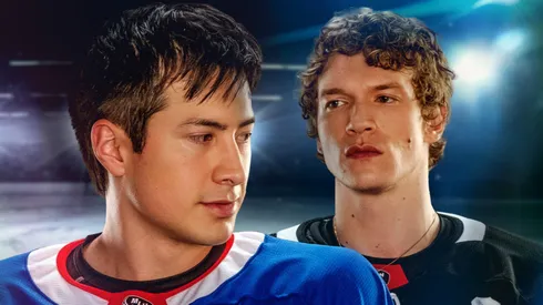 Hudson Williams and Connor Storrie in Heated Rivalry.