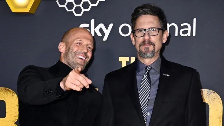 Jason Statham and David Ayer attend the UK premiere of "The Beekeeper" at Vue Leicester Square.