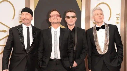 (L-R) Musicians The Edge, Bono, Larry Mullen Jr. and Adam Clayton of U2 attend the Oscars held at Hollywood & Highland Center on March 2, 2014 in Hollywood, California.