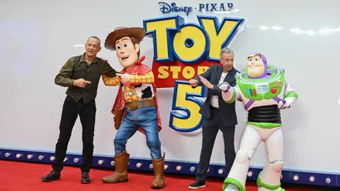 Tom Hanks, Woody, Tim Allen and Buzz Lightyear attend the UK Launch Event of Disney and Pixar's 'Toy Story 5' at Odeon Luxe Leicester Square, London on May 28th, 2026.