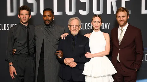 (L-R) Josh O'Connor, Colman Domingo, Steven Spielberg, Emily Blunt and Wyatt Russell attend the Paris premiere of "Disclosure Day" at the Grand Rex on June 02, 2026 in Paris, France.