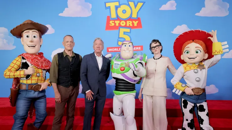 (L-R) Woody, Tom Hanks, Tim Allen, Buzz Lightyear, Joan Cusack and Jessie attends the Toy Story 5 Los Angeles World Premiere at Dolby Theatre in Los Angeles, California on June 09, 2026.