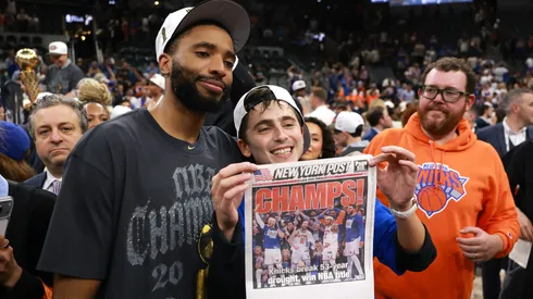 Timothée Chalamet celebrates with Mikal Bridges #25 of the New York Knicks after the victory against the San Antonio Spurs in Game Five of the 2026 NBA Finals at Frost Bank Center on June 13, 2026 in San Antonio, Texas.