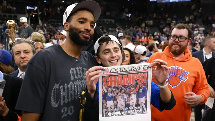 Timothée Chalamet celebrates with Mikal Bridges #25 of the New York Knicks after the victory against the San Antonio Spurs in Game Five of the 2026 NBA Finals at Frost Bank Center on June 13, 2026 in San Antonio, Texas.