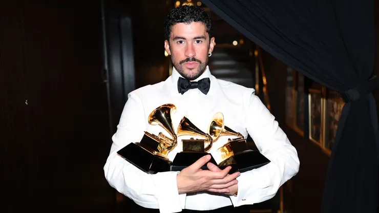 Bad Bunny poses with the Album of the Year, Best Música Urbana Album, and Best Global Music Performance Awards during the 68th GRAMMY Awards at Crypto.com Arena on February 01, 2026 in Los Angeles, California.