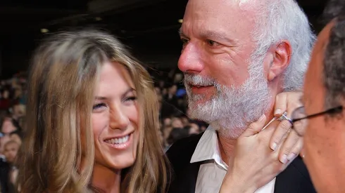 Actress Jennifer Aniston (L) and director James Burrows pose in the audience during the 33rd Annual People's Choice Awards held at the Shrine Auditorium.