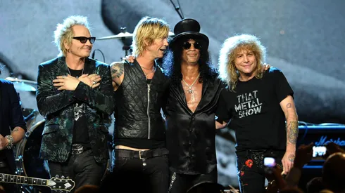 Inductees (L-R) Matt Sorum, Duff McKagan, Slash and Steven Adler of Guns N' Roses, perform onstage during the 27th Annual Rock And Roll Hall of Fame Induction Ceremony at Public Hall on April 14, 2012 in Cleveland, Ohio.