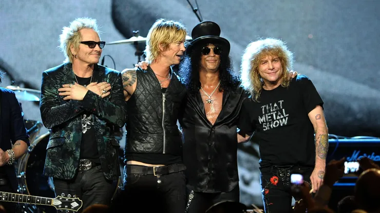 Inductees (L-R) Matt Sorum, Duff McKagan, Slash and Steven Adler of Guns N' Roses, perform onstage during the 27th Annual Rock And Roll Hall of Fame Induction Ceremony at Public Hall on April 14, 2012 in Cleveland, Ohio.