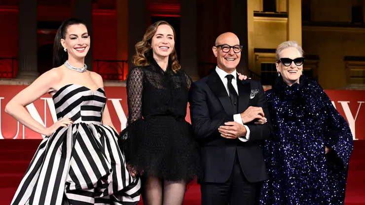 Anne Hathaway, Emily Blunt, Stanley Tucci and Meryl Streep attend "A Night With Runway" Photocall for "The Devil Wears Prada 2" at The National Gallery on April 22, 2026 in London, England.