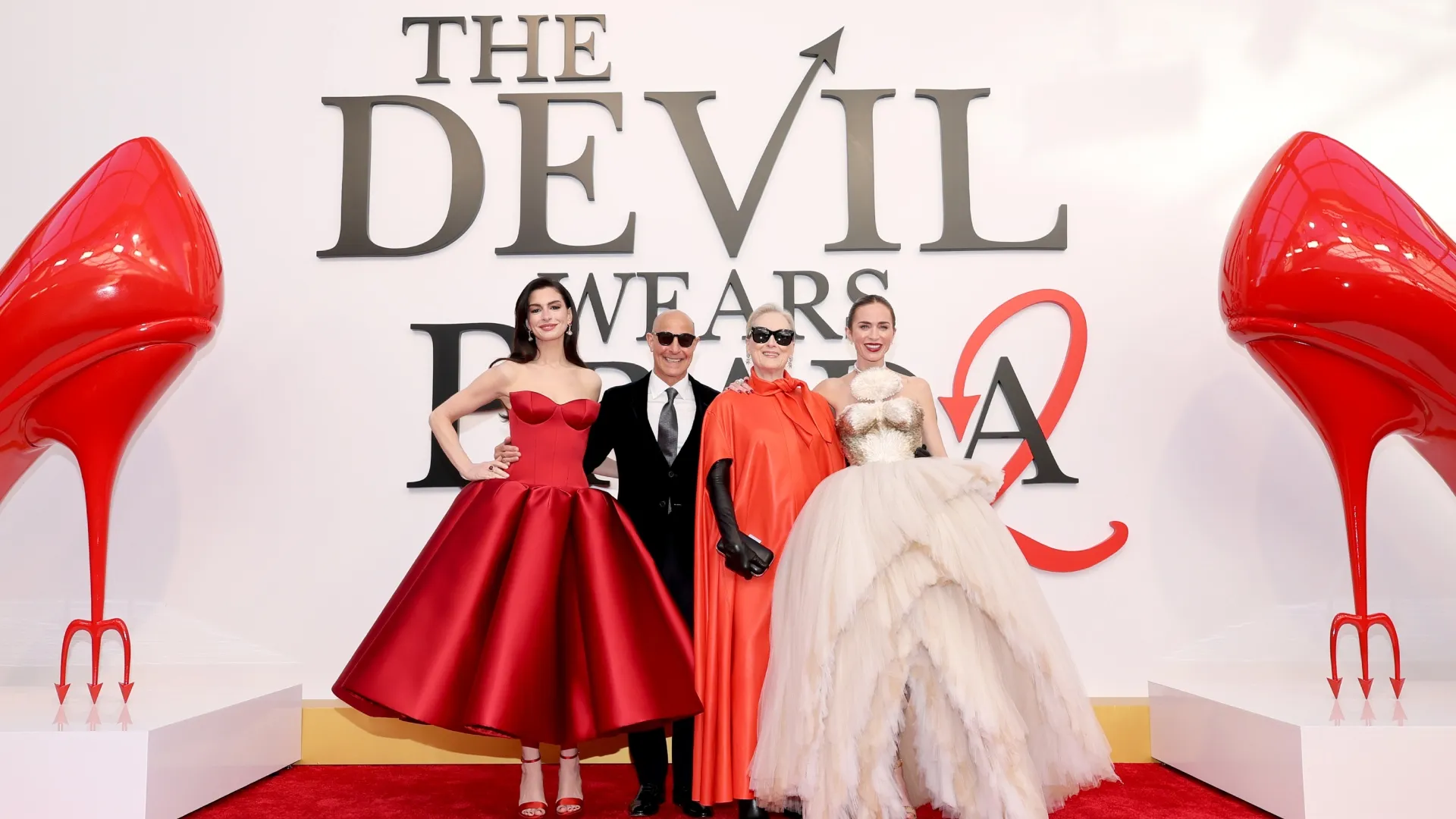 (L-R) Anne Hathaway, Stanley Tucci, Meryl Streep and Emily Blunt attend the world premiere of The Devil Wears Prada 2 at Lincoln Center in New York, New York on April 20, 2026. (Photo by Mike Coppola/Getty Images for 20th Century Studios)