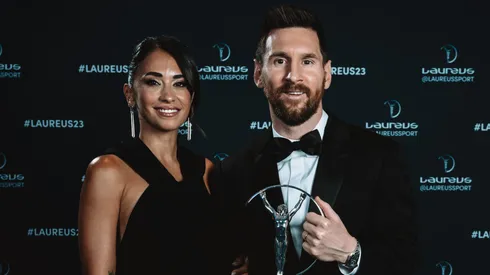 Lionel Messi winner of the Laureus World Sportsman of the Year 2023 award and Antonela Roccuzzo pose during the 2023 Laureus World Sport Awards Paris on May 08, 2023 in Paris, France.