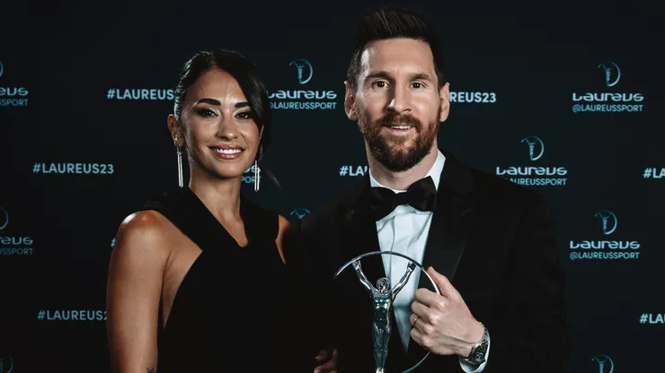 Lionel Messi winner of the Laureus World Sportsman of the Year 2023 award and Antonela Roccuzzo pose during the 2023 Laureus World Sport Awards Paris on May 08, 2023 in Paris, France.