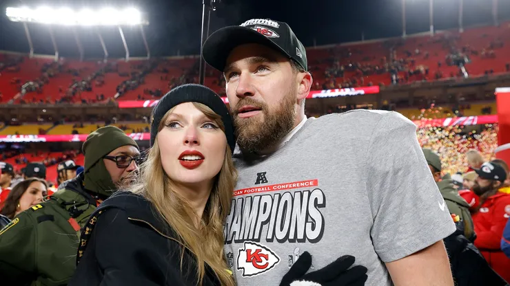 Taylor Swift celebrates with Travis Kelce #87 of the Kansas City Chiefs after defeating the Buffalo Bills 32-29 in the AFC Championship Game at GEHA Field at Arrowhead Stadium on January 26, 2025 in Kansas City, Missouri.