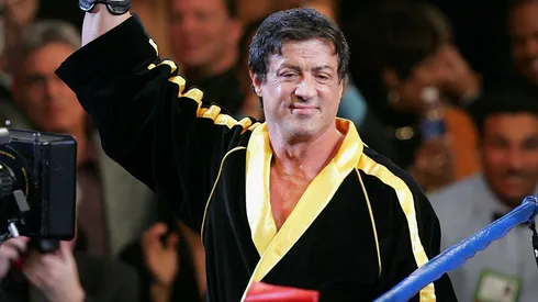 Actor Sylvester Stallone waves to the crowd as scenes from the film "Rocky VI" are filmed before the start of the Bernard Hopkins and Jermain Taylor fight at the Mandalay Bay Events Center on December 3, 2005 in Las Vegas, Nevada.