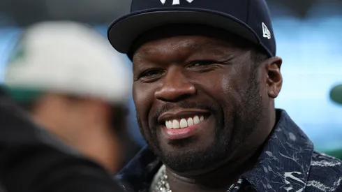 Rapper 50 Cent is seen on the sidelines prior to the game between the Buffalo Bills and the New York Jets at MetLife Stadium on October 14, 2024 in East Rutherford, New Jersey.