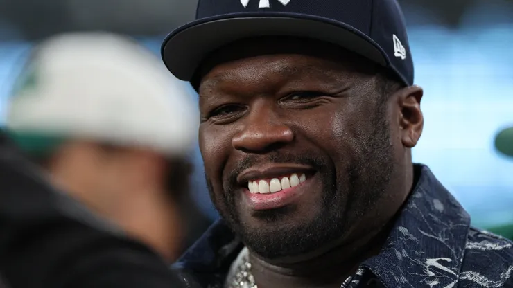 Rapper 50 Cent is seen on the sidelines prior to the game between the Buffalo Bills and the New York Jets at MetLife Stadium on October 14, 2024 in East Rutherford, New Jersey.