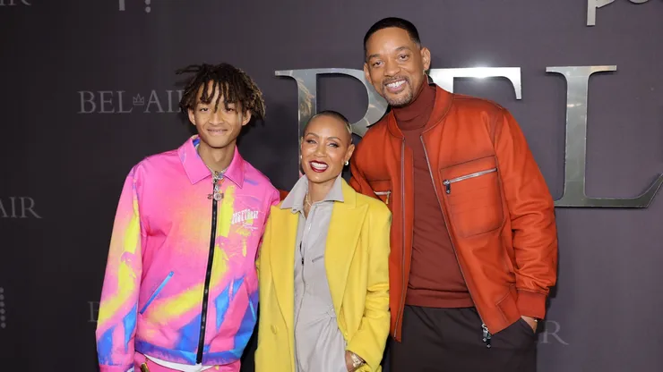 (L-R) Jaden Smith, Jada Pinkett Smith, and Will Smith attend Peacock's new series "BEL-AIR" premiere party and drive-thru screening experience at Barker Hangar on February 09, 2022 in Santa Monica, California.
