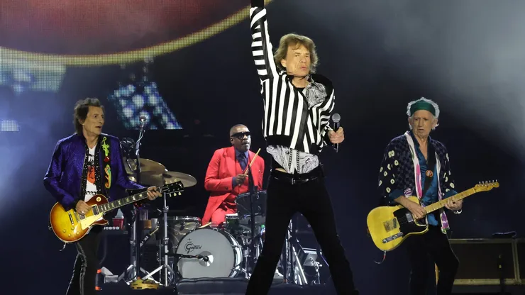 (L-R) Ron Wood, Steve Jordan, Mick Jagger and Keith Richards of the Rolling Stones perform onstage at SoFi Stadium on July 13, 2024 in Inglewood, California.