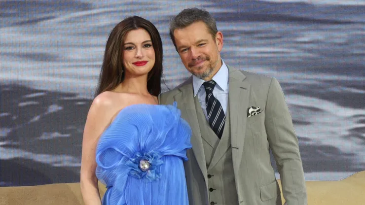 Anne Hathaway and Matt Damon attend 'The Odyssey' London Premiere at Odeon Luxe Leicester Square on July 06, 2026 in London, England.