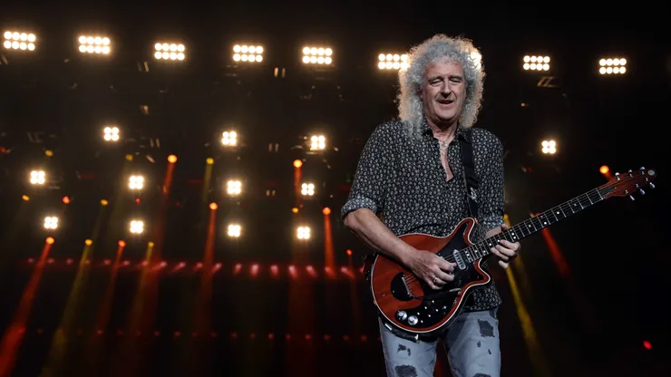 Brian May of Queen performs during Fire Fight Australia at ANZ Stadium on February 16, 2020 in Sydney, Australia.
