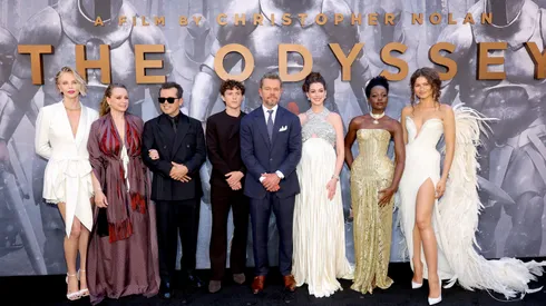(L-R) Charlize Theron, Samantha Morton, John Leguizamo, Tom Holland, Matt Damon, Anne Hathaway, Lupita Nyong'o, and Zendaya attend the premiere of "The Odyssey" presented by Universal Pictures on July 14, 2026 in New York City.