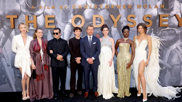 (L-R) Charlize Theron, Samantha Morton, John Leguizamo, Tom Holland, Matt Damon, Anne Hathaway, Lupita Nyong'o, and Zendaya attend the premiere of "The Odyssey" presented by Universal Pictures on July 14, 2026 in New York City.