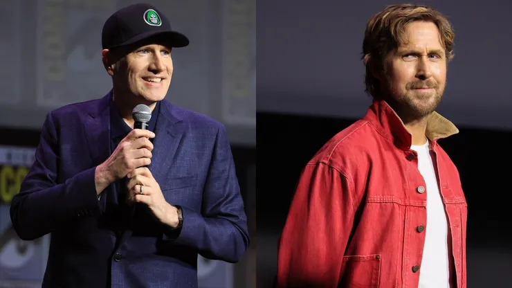 Kevin Feige and Ryan Gosling during the 2026 Comic-Con International: San Diego - Marvel Studios Hall H presentation