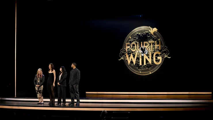 Rebecca Yarros, Lisa Joy, Meredith Averill and Michael B. Jordan speak onstage during the Amazon Upfront