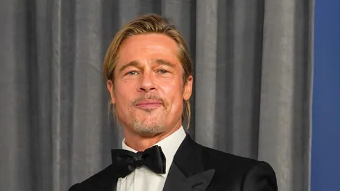 Brad Pitt poses in the press room at the Oscars on Sunday, April 25, 2021, at Union Station in Los Angeles.