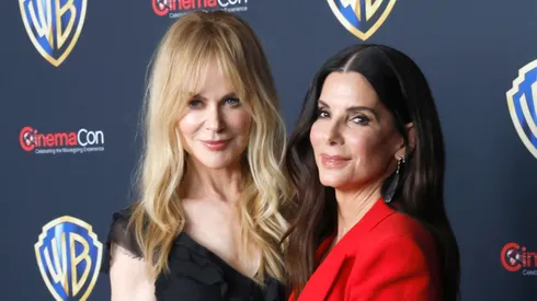 Nicole Kidman (L) and Sandra Bullock promote the upcoming film "Practical Magic 2" at the Warner Bros. Pictures presentation at The Dolby Colosseum at Caesars Palace during CinemaCon, the official convention of Cinema United, on April 14, 2026 in Las Vegas, Nevada.