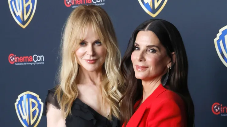 Nicole Kidman (L) and Sandra Bullock promote the upcoming film "Practical Magic 2" at the Warner Bros. Pictures presentation at The Dolby Colosseum at Caesars Palace during CinemaCon, the official convention of Cinema United, on April 14, 2026 in Las Vegas, Nevada.